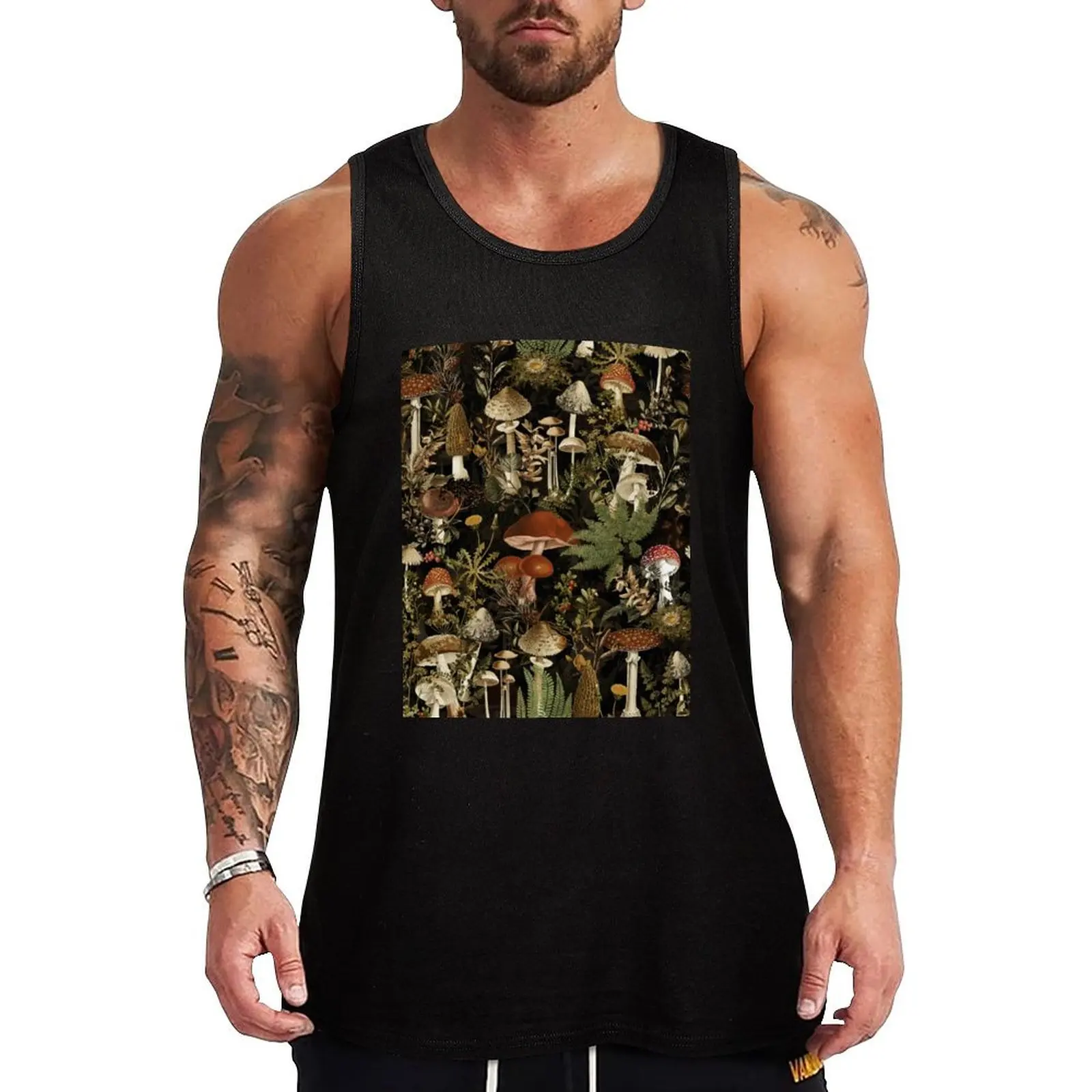 Vintage Midnight Mushrooms Forest Botanical Night Garden Pattern - Black Tank Top t-shirts man t-shirts for men