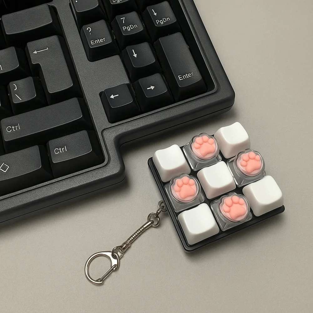 Portable 9Keys Fidget Keychain DIY Keyboard Keys Button Keyboard Cap Cat's Paw Shape Relief Stress Pinch Toy Adult Toy