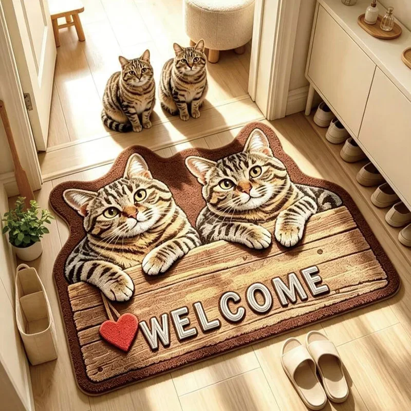VIKAMA Gray Kitties Santa Hat Red Reindeer Sweater WELCOME Door Mat, Non Slip Absorbent Plush Mat Front Door, Xmas Decor