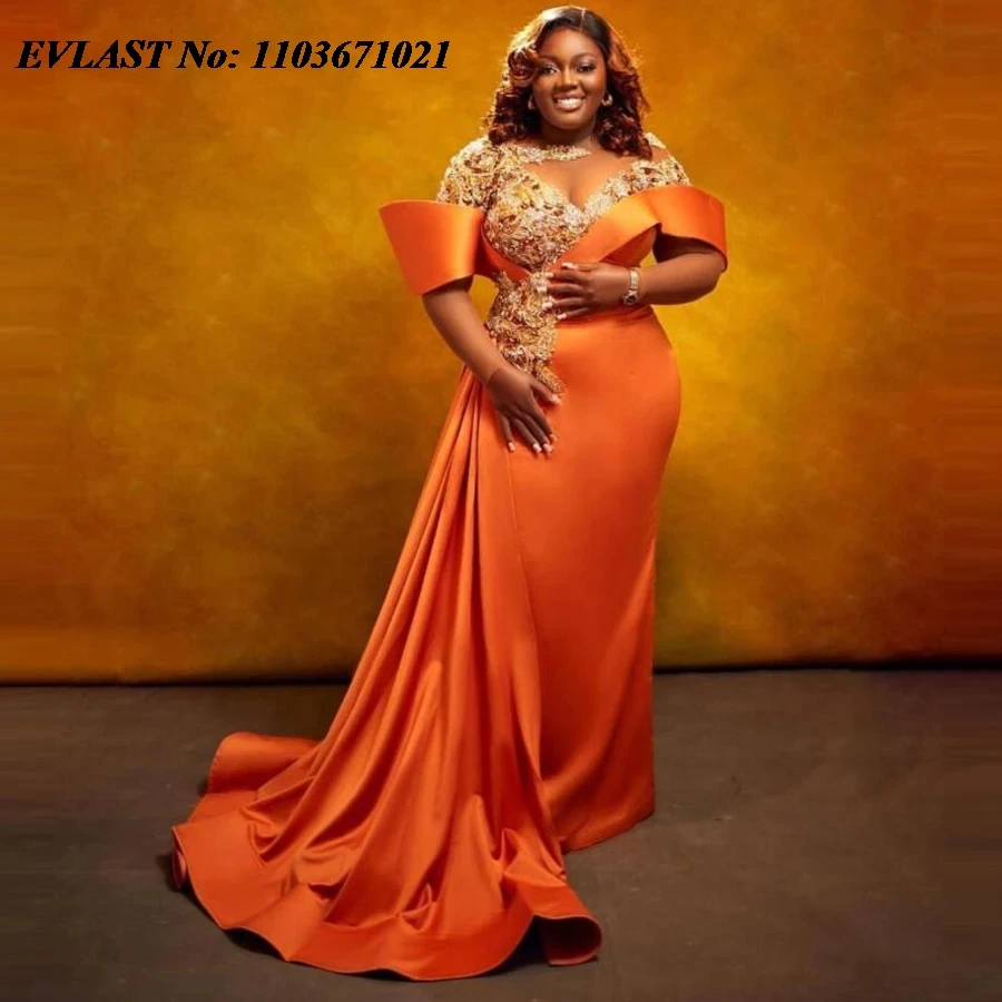 

EVLAST Plus Size Nigerian Prom Dress Orange Beaded Appliques Aso Ebi Evening Gowns African Wedding Formal Dress Event Wear P139