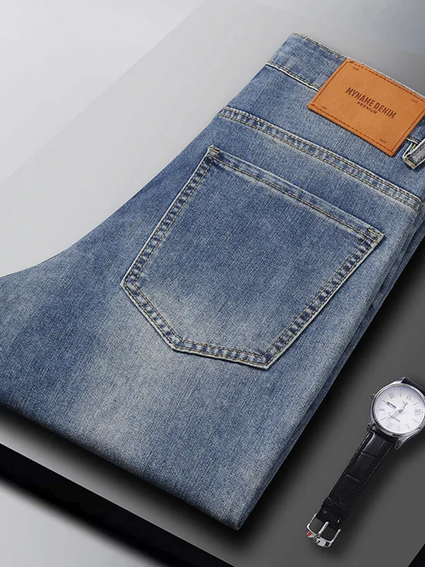 

Летние мужские джинсы из стрейч-денима слим-фит, средней высоты посадки, укороченные, прямого кроя, с эффектом прохлады, вареные