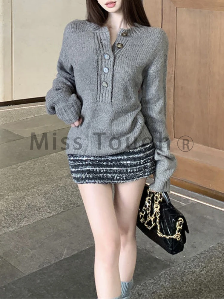 Winter Korean Fashion Retro Grey Knit 2 Piece Set Long-sleeved Grey Sweater + Slim Mini Skirt Women\'s Autumn New Chic Joker 2024