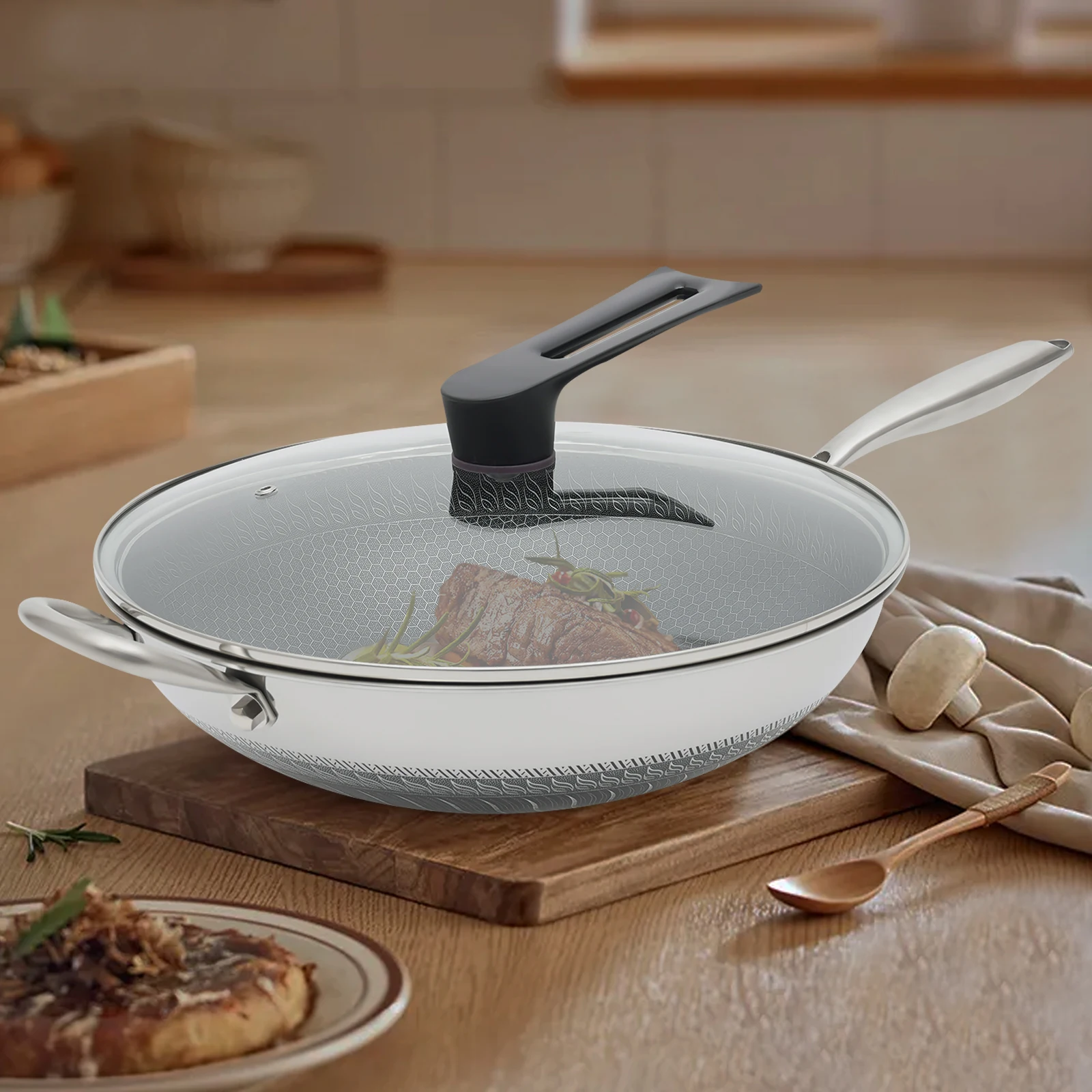 

Сковорода в виде сот из нержавеющей стали 316, 13,4-дюймовая сковорода с антипригарным покрытием и крышкой, равномерный подогрев, устойчивая к царапинам и утолщенная