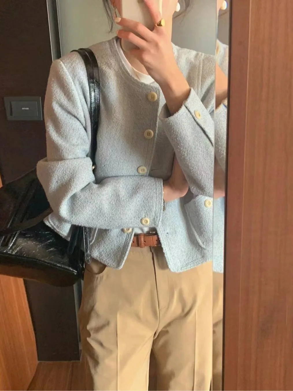 

Ele Vintage round Ne Open Cardigan Women's Single Button Loose Long Sve ort Outerwear Korean Sle Spring Autumn W...