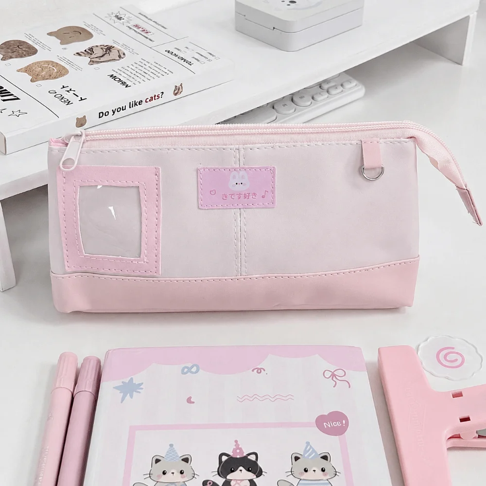 Portable PU Pencil Case Pink Large Capacity Pen Bag with Photo Window Rabbit Print Stationery Bag Back To School