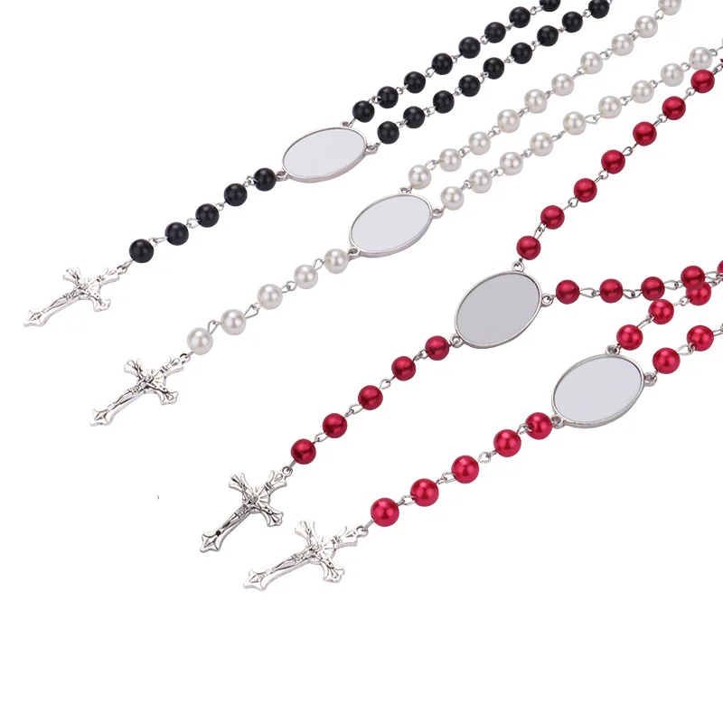 Sublimation Blank Rosary Necklace Cross Border Pendants Necklace Sublimation Blank Jewelry Necklace For DIY Printing Photo Name