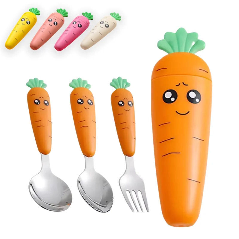 Stainless steel carrot spoon and fork cutlery set with plastic handle and student storage box