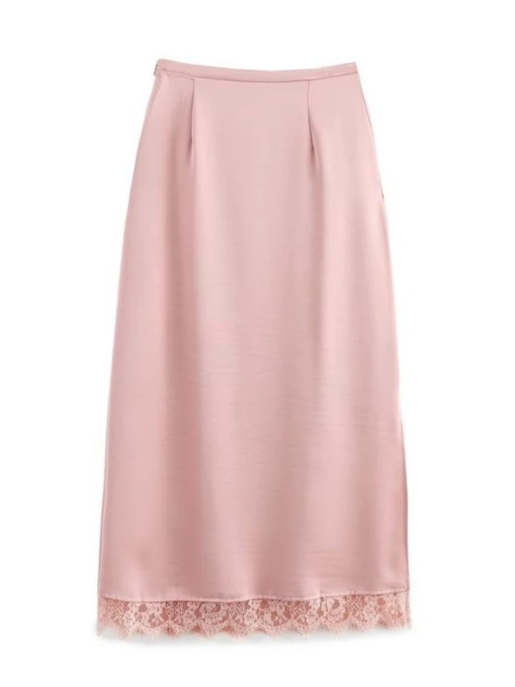 أنيقة الدانتيل المرقعة الساتان ميدي تنورة المرأة النمط الأوروبي مستقيم أنبوب تنورة خلات النسيج موضة بسيطة الزي بالجملة