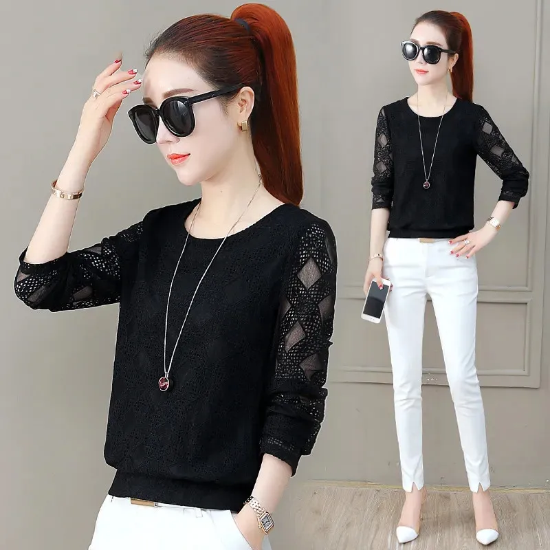 

Long-Sleeved Lace Bottoming Shirt Women's 2024 Spring Summer New Korean Coat Round Neck Loose Clothes To Cover Belly Shirt Tops