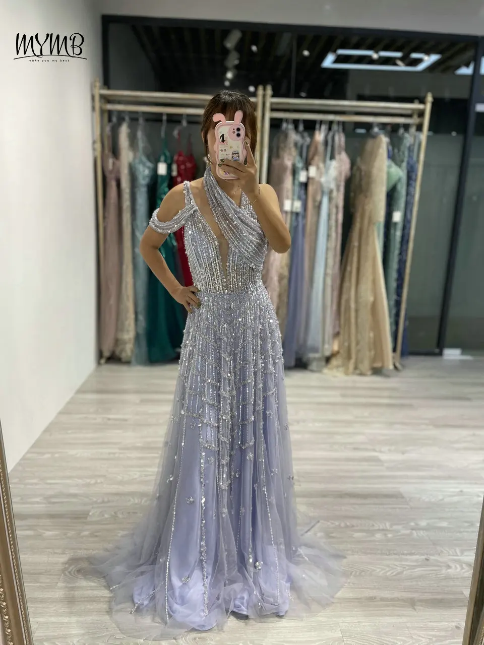 MYMB Stylish Light Purple Halter A-Line Sparking Sequin Gown for Women Party Exclusive Off Shoulder Beaded Tulle Evening Dresses