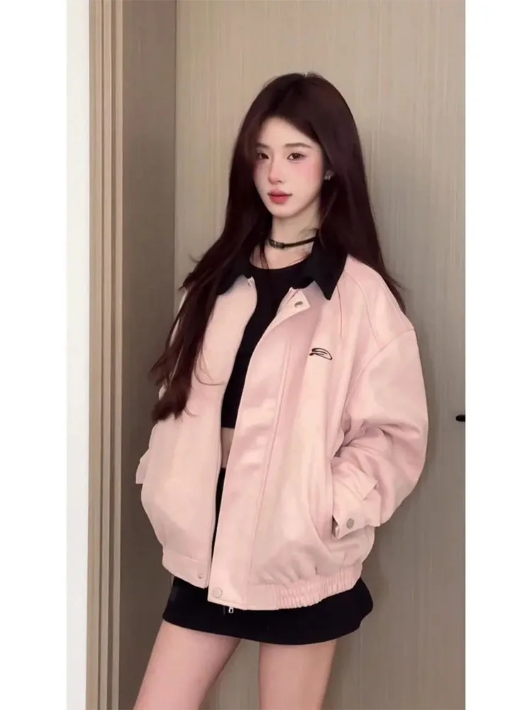 American Sle فضفاض غير رسمي من جلد الغزال Jaet المرأة ربيع الخريف ort البيسبول orm أعلى طوق الوردي ملابس خارجية