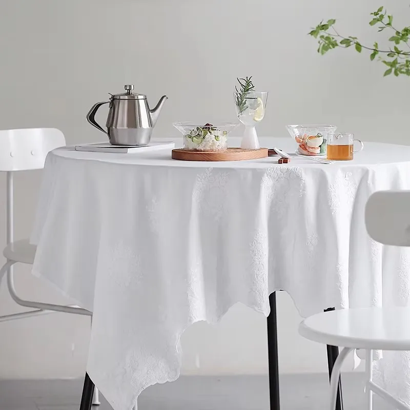 White lace embroidered tablecloth, home dining table, coffee, solid color waterproof and oil resistant table cover