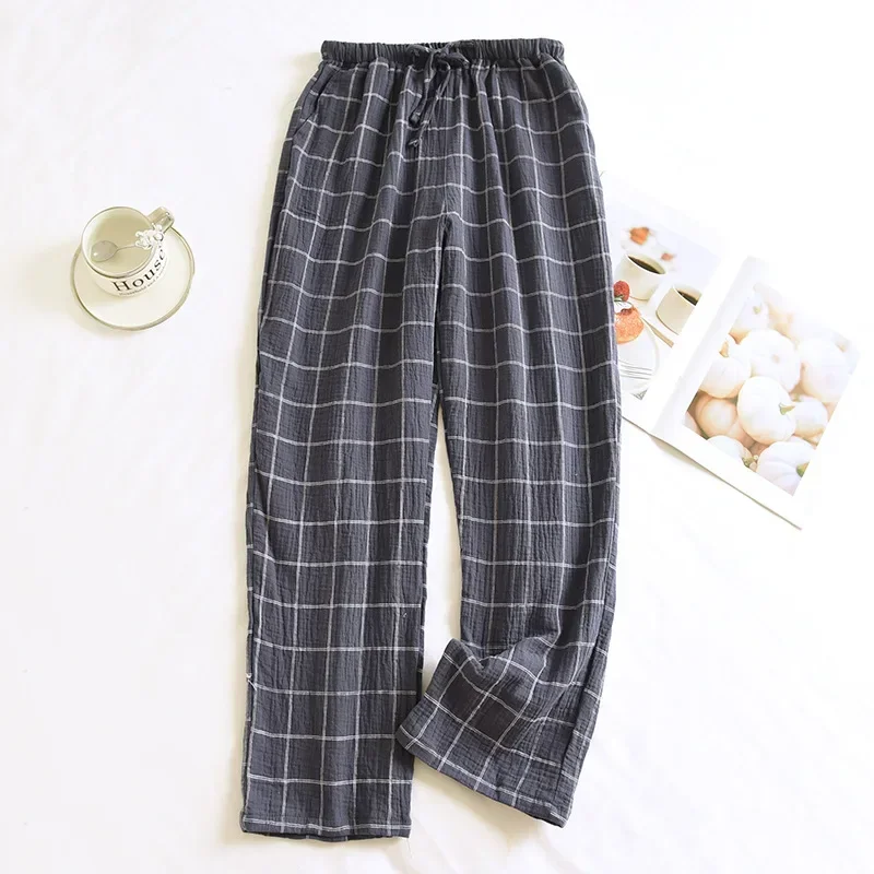 2024 New Spring/Summer Men\'s Sleeper Pants 100% Cotton Crepe Pants Loose Thin Large Home Casual Checkered Home Pants Bottoms