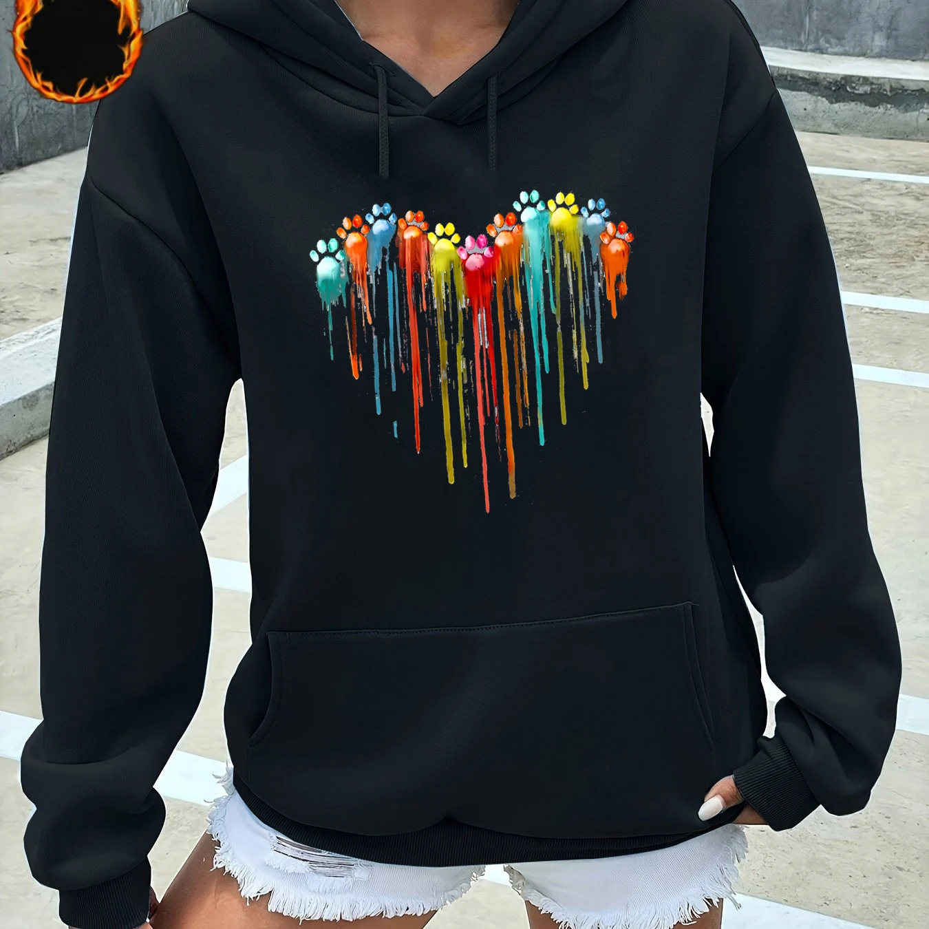 Women's autumn and winter warm and loose casual heart-shaped printed velvet long sleeved hooded sweatshirt