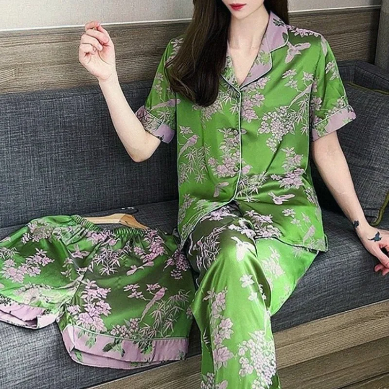 Pajama Women New Summer Ice Silk Sleepwear Thin Short Sleeve Luxury Loungewear Spring Autumn Summer Home Service Three-piece Set