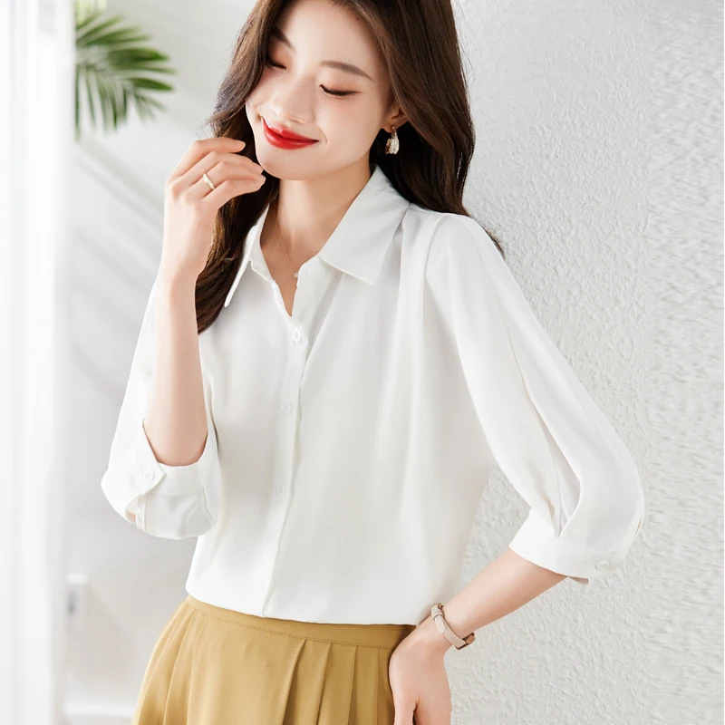 2024 Summer Polo-Neck Womens Tops Solid Button Up Women Shirt Korean Fashion Elegant Blouse Women\'s Clothing White Shirt Women