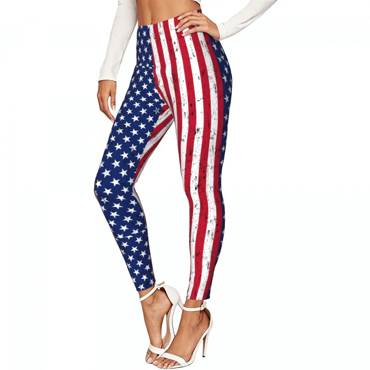 Ladies Elastic Waist Skinny Leggings American Flag Stars Stripes Trousers For Daily Outdoor