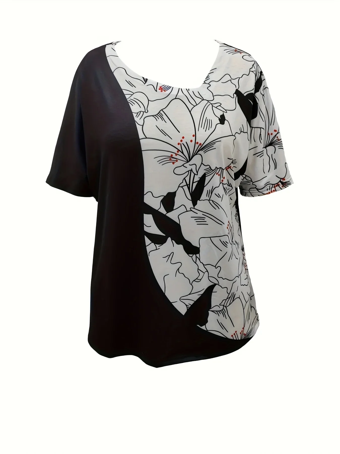 2024 Spring Summer New Black White Floral Print Fashion Oblique V-neck Color Collision Splicing Large Size Short-sleeved T-shirt