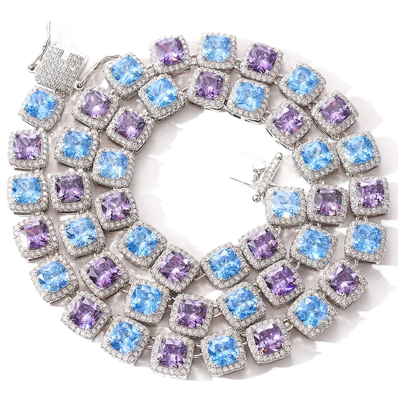 Hip Hop Bling Iced Out Geometric Square Blue Purple 5A+ CZ Stone Tennis Link Chain Chokers Necklaces for Men Rapper Jewelry