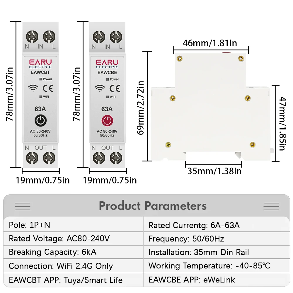 Tuya eWeLink APP WiFi Smart Circuit Breaker 1P+N 63A MCB Timer Relay Switch Voice Remote Control for Alexa Google Home Assistant