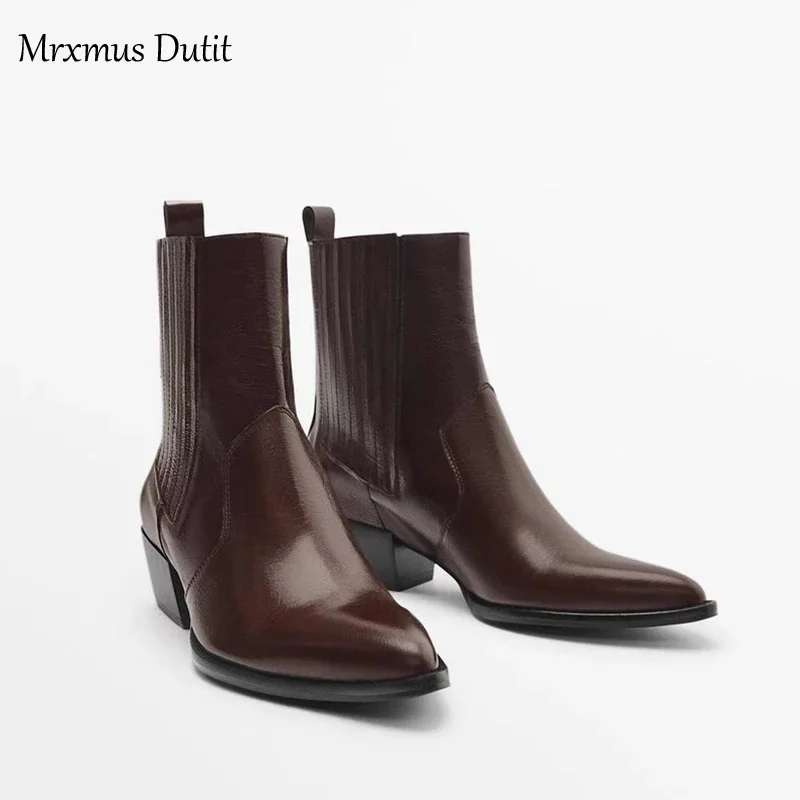 Mrxmus Dutit 2024 Women Autumn Winter New Genuine Leather Thick Heel Pointed Head Chelsea Shoes Commute Fashion Short Boots