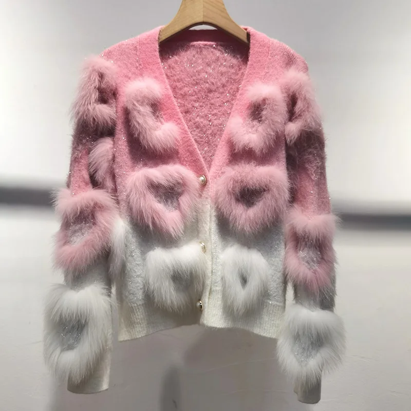 Women Lovely V-neck Loose Knitted Cardigan With Real Fox Fur Trim Loose Love Sewed Female Long Sleeve Warm Hit Color Sweater