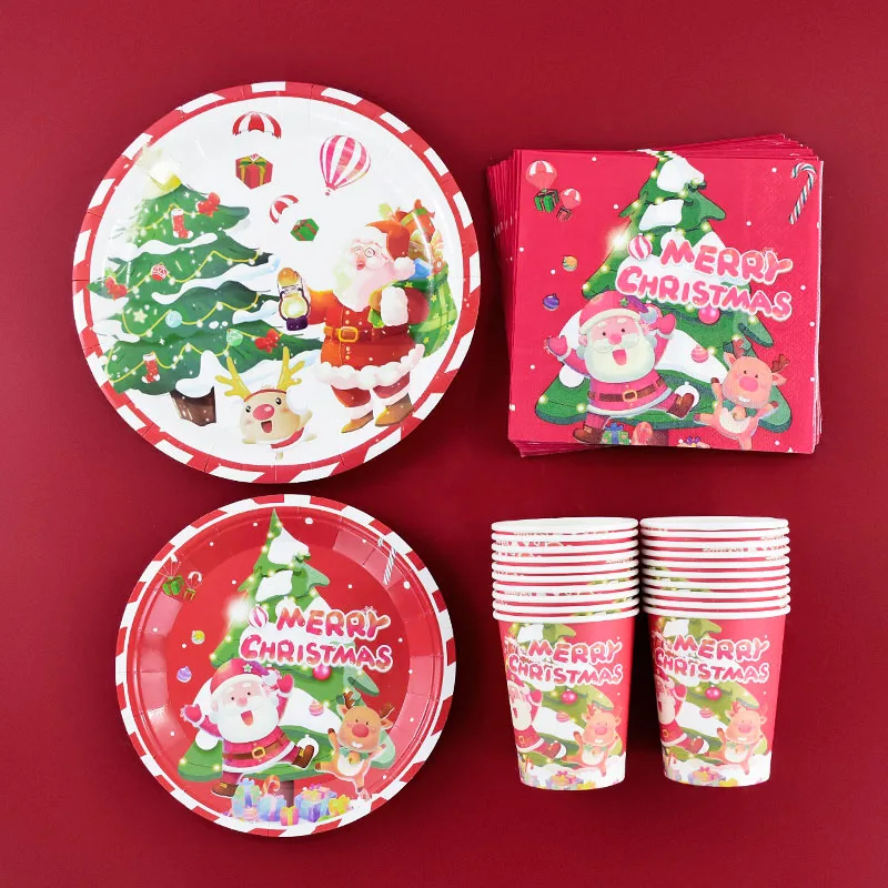 Merry Christmas Disposable Tableware Set Santa Claus Elk Paper Cups Plates Napkins Tablecloth Banner for Home New Year Navidad