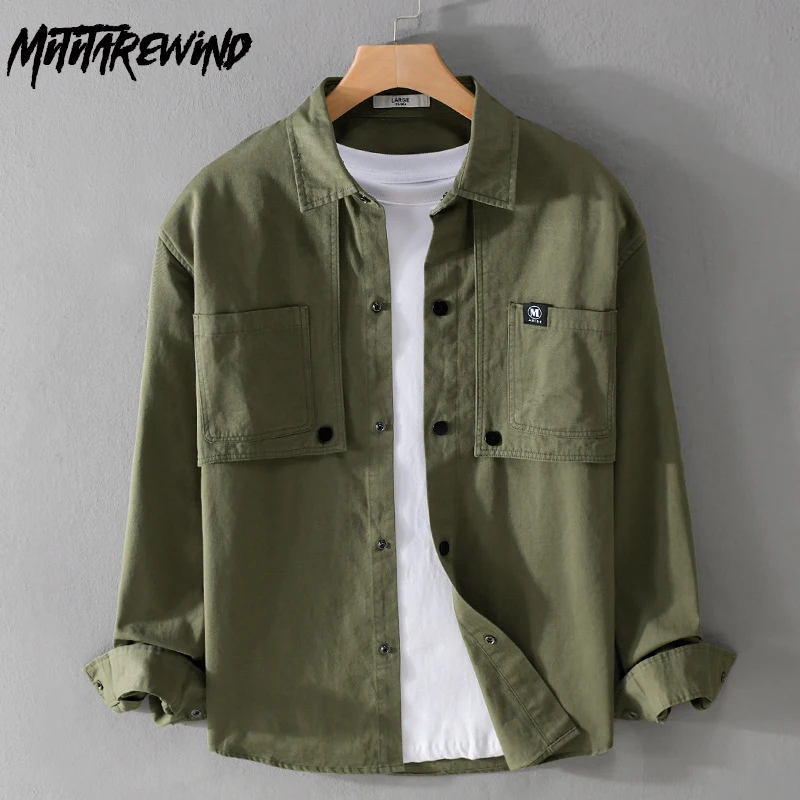 American Style Cargo Shirt Men Fashion Streetwear Loose Tops Pockets Pure Cotton Long Sleeve Green Shirt Casual Men's Clothing