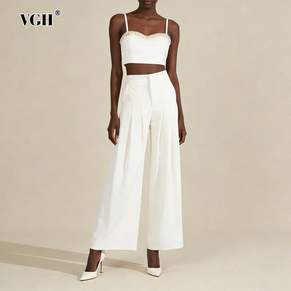 

VGH Solid Elegant Slimming Two Piece Sets For Women Square Collar Sleeveless Top High Waist Pants Spring Casual Set Female New