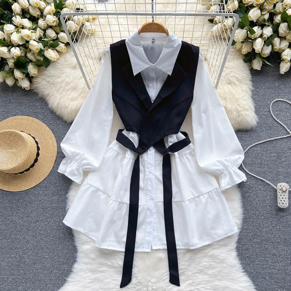 2020 Autumn Women white Ruffled Long Sleeve Shirt+black V-Neck Pullover Sleeveless Vest Office Casual Khaki Vest 2 Piece Set