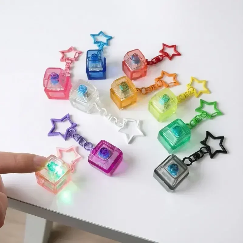 Stress Relief Keyboard Key Chains Colorful Star Buckle Fidget Toy with LED Light Adults Decompression Keycap Fingertip Keyrings