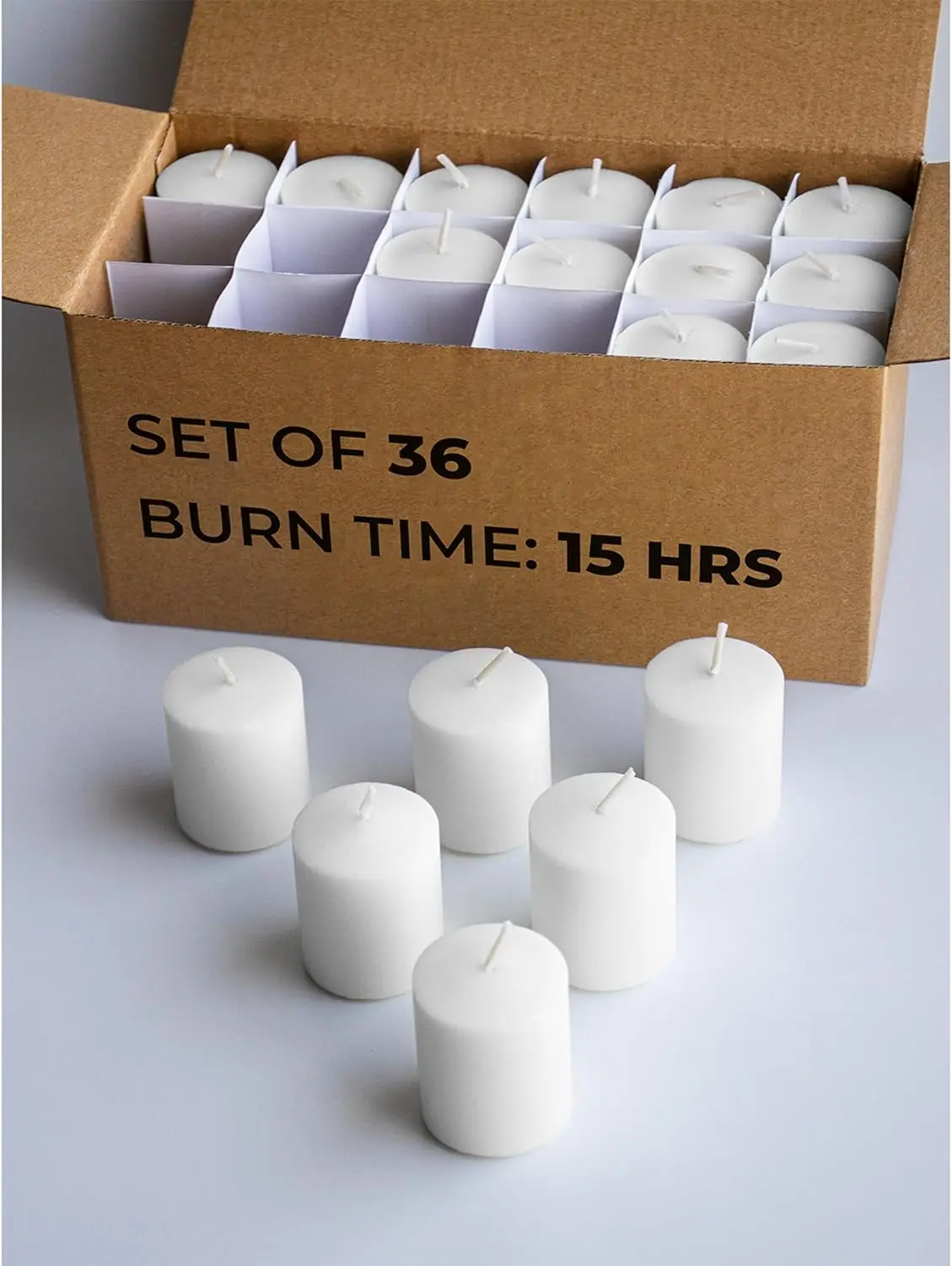 

Unscented White Votive Candles Set of 36 - Clean-Burning, Long-Lasting 15 Hour Burn - Ideal for