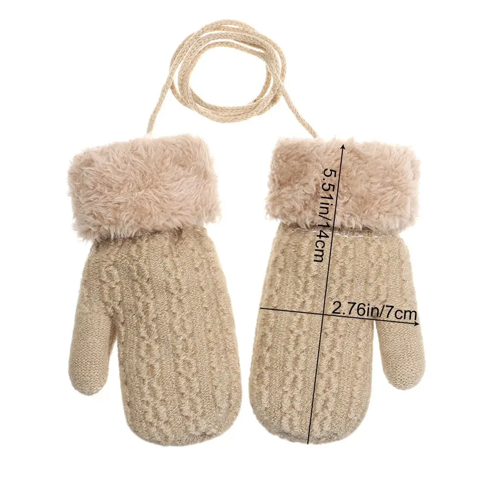 1Pair Children Mittens Winter Wool Knitted Gloves Faux Fur Thick Warm Cartoon Baby Boys Girls Hanging Neck Gloves For 1-4 Years