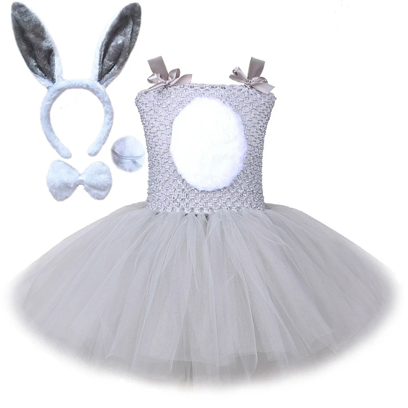 Halloween Easter Bunny Tutu Dress Gray Bunny Children's Dress Girls' Tulle Puffy Skirt Stage Party Dress with Headband and Tail