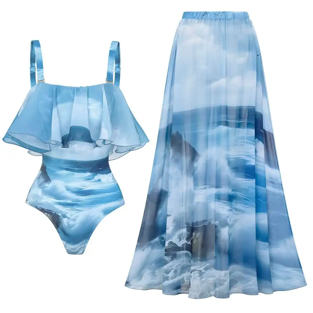 

Women's Two-Piece Swimsuit Set with Detachable Straps & Skirt Design, Casual All-Season Swimwear, Comfortable Bathing Suit