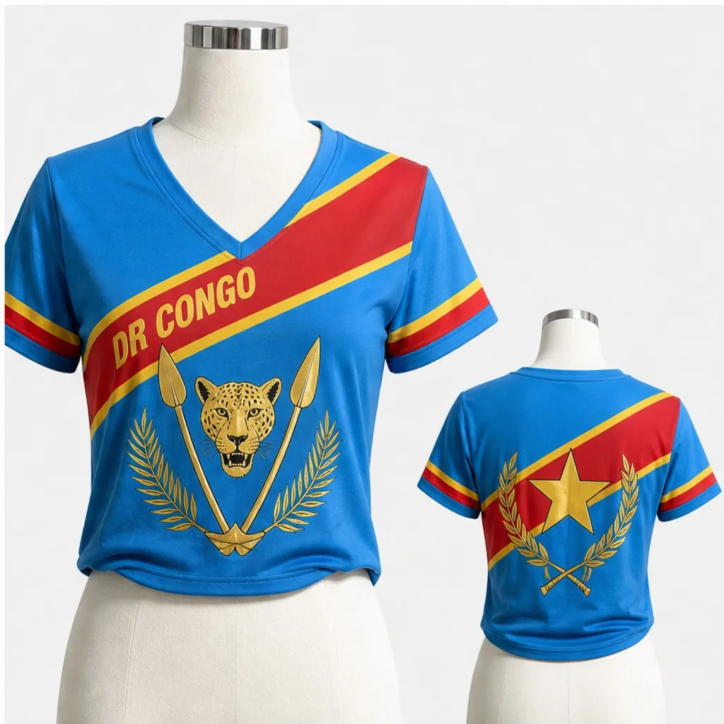 Womens DR Congo V Neck Short Sleeve Crop Top Leopard Spear Laurel Star Print Casual Summer Shirt for Street Travel Daily Outfits