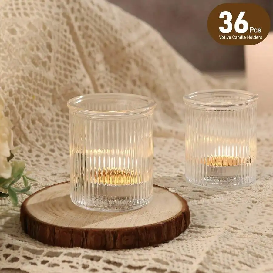 36 Pack 2x2.5 Inch Striped Transparent Glass Tealight Votive Candle Holders, Bulk Mini Small Candle Cups, Table Decor For Weddin