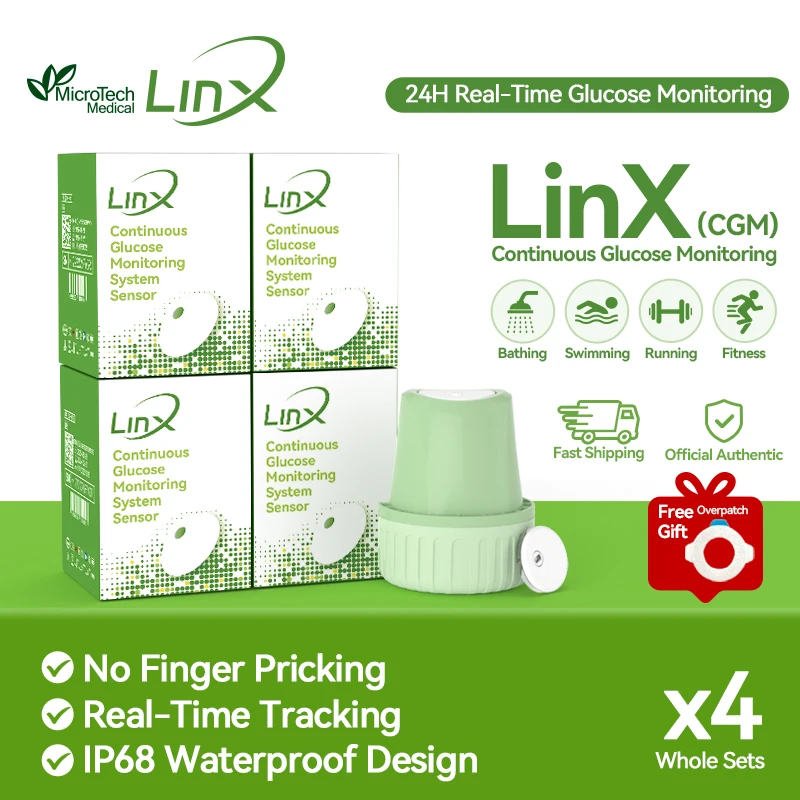Sistema de Monitoramento Contínuo de Glicose MicroTech LinX CGM 4 Conjuntos 24Hx15 Dias em Tempo Real, Glicosímetro Dinâmico Sem Punção no Dedo