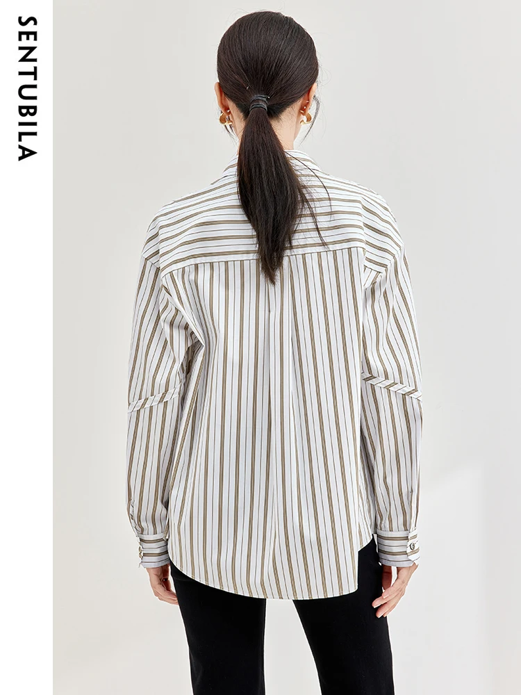 SENTUBILA 2024 Autumn Striped Shirt Women Long Sleeve Office Ladies Button Up Shirts Loose Cotton Blouse Female Tops 133C51095