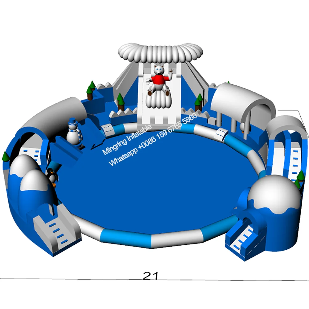 Commercial Mobile Giant Inflatable Ground Ice World Arctic White Bear Water Park Onland Water Slide with Swimming Pool