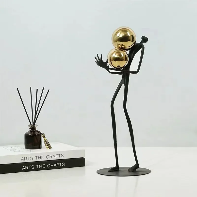 Minimalist Black Matchstick Men Ornaments Golden Ball Decorative Character Statue Desk Decoration Abstract Figure Sculpture