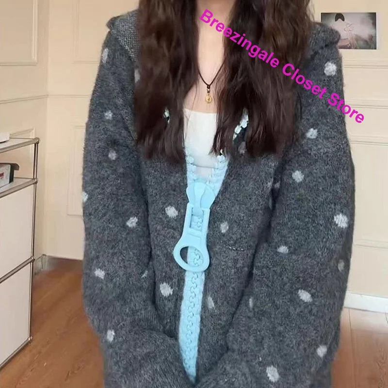 American Retro Hooded Zipper Polka-dot Contrast Sweater Women's Autumn and Winter New Loose Casual Hoodie Casual Joker Coat Top 5