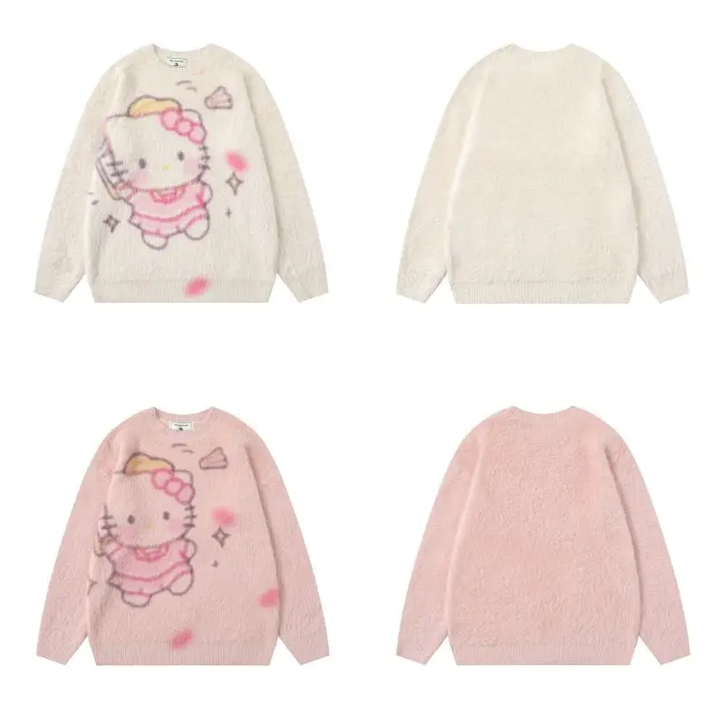 Hot Sanrio Men and Women Retro Style Round Neck Sweater Kawaii Hello Kitty Comic Autumn and Winter Fashion Versatile Sweater New