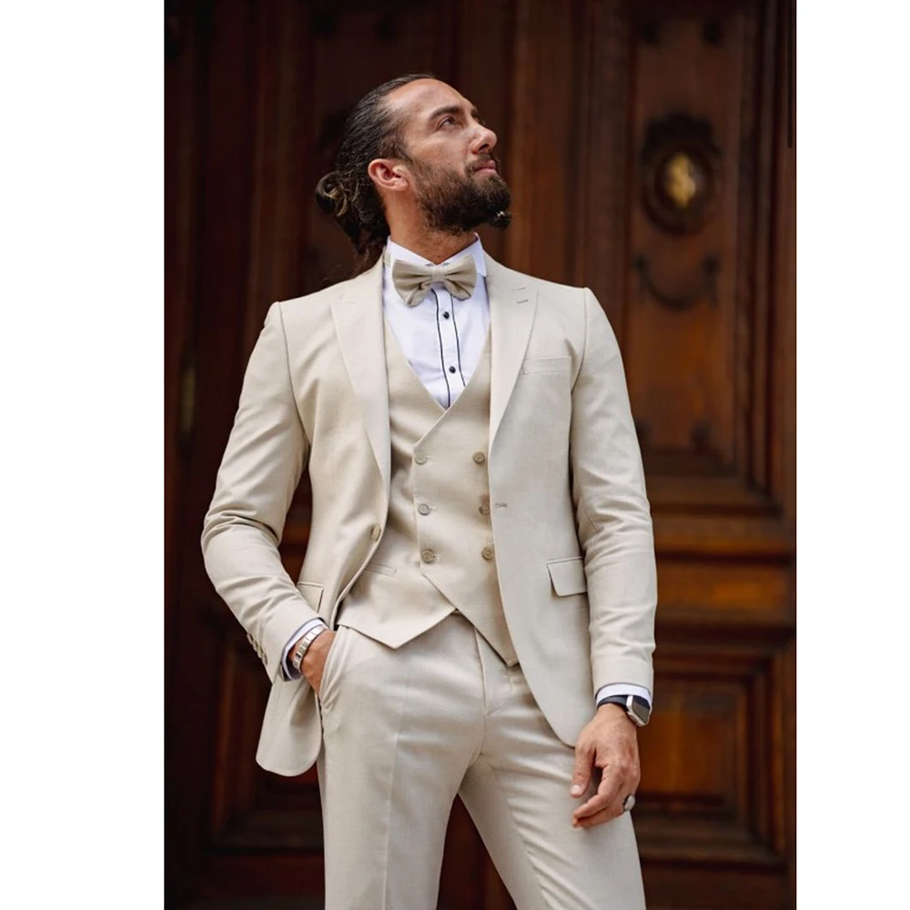 

Luxury Beige One Buttom Men Suits High Quality Formal Occasion Business Full Set Slim Fit 3 Piece Jacket Pants Male Clothing