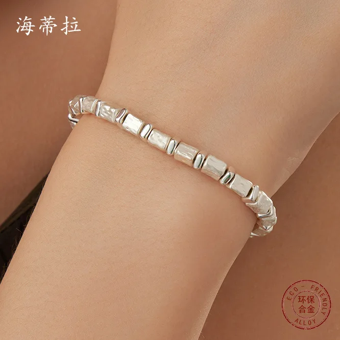 New silver square environmentally friendly alloy elastic bracelet, small clear women's versatile fashion bracelet