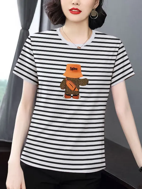 

Striped Maternity T-Shirt Short Sleeve Women's plus Size Loose Summer New Style Cover Belly Body Shirt Shoulder Width