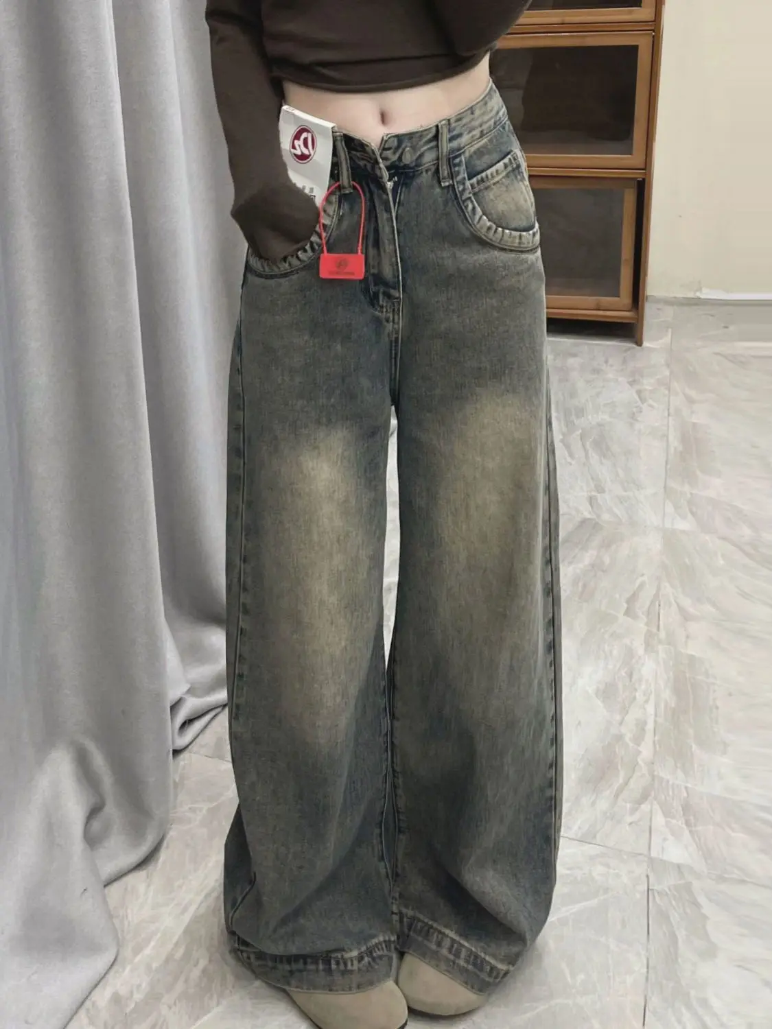 

2025 Women's Plus Size Vintage Washed Jeans High Waist Straight Wide Leg Flowy Pants Trendy"