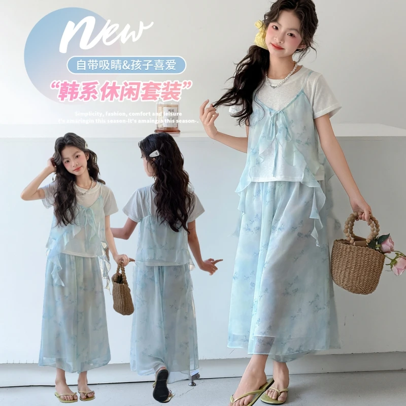Girls 3Pcs Summer Outfit Set: Short Sleeve T-Shirt + Ruffled Cami Top + Maxi Skirt, Casual Blue Floral Chiffon Set for Kids 6-14