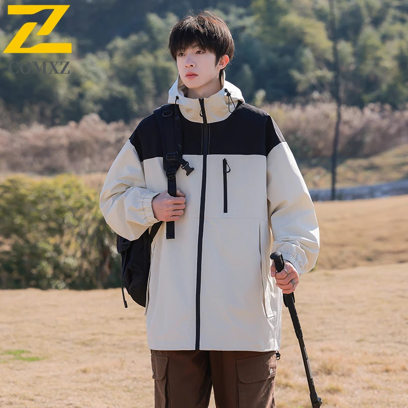 

​Men Mountain Style Windproof Jacket Colorblock Hooded Outdoor Sports Coat Hiking Climbing Thermal Fleece Lined Casual Parka​