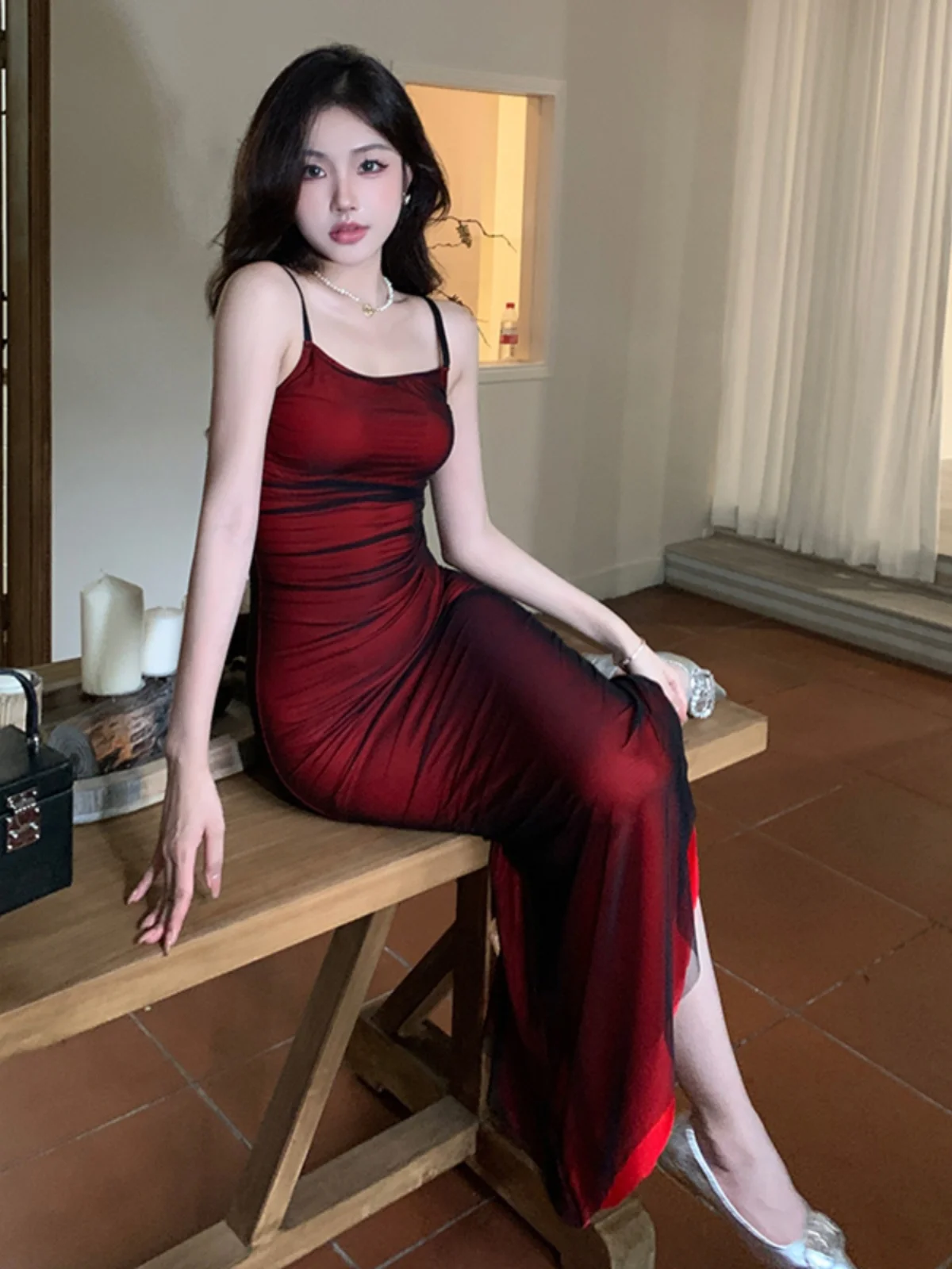 

Sexy Red Strapl Dr Women's Slim Fit Skirt Inner Wear Midi Dr Polyester Fiber No Sve Summer Season H-ape